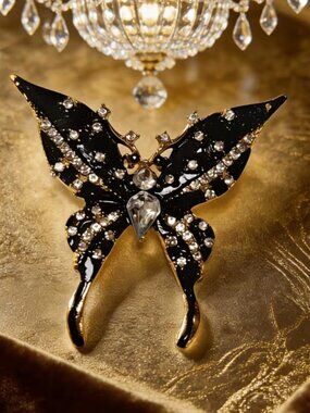 Brooch Black Enamel Butterfly & Rhinestone Lapel Pin Timeless Elegance Golden
